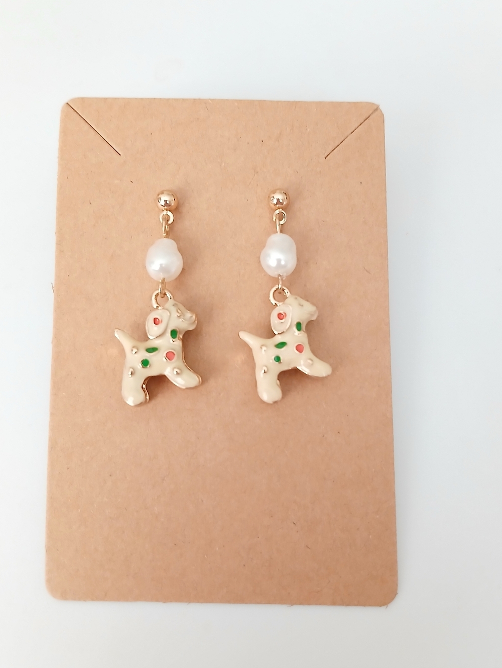 Pearl Drop Puppy Charm Earrings - Cream with Green & Red Accents